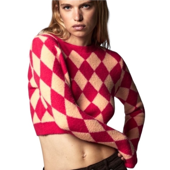 Zara Sweaters - Zara Red and Cream Argyle Sweater